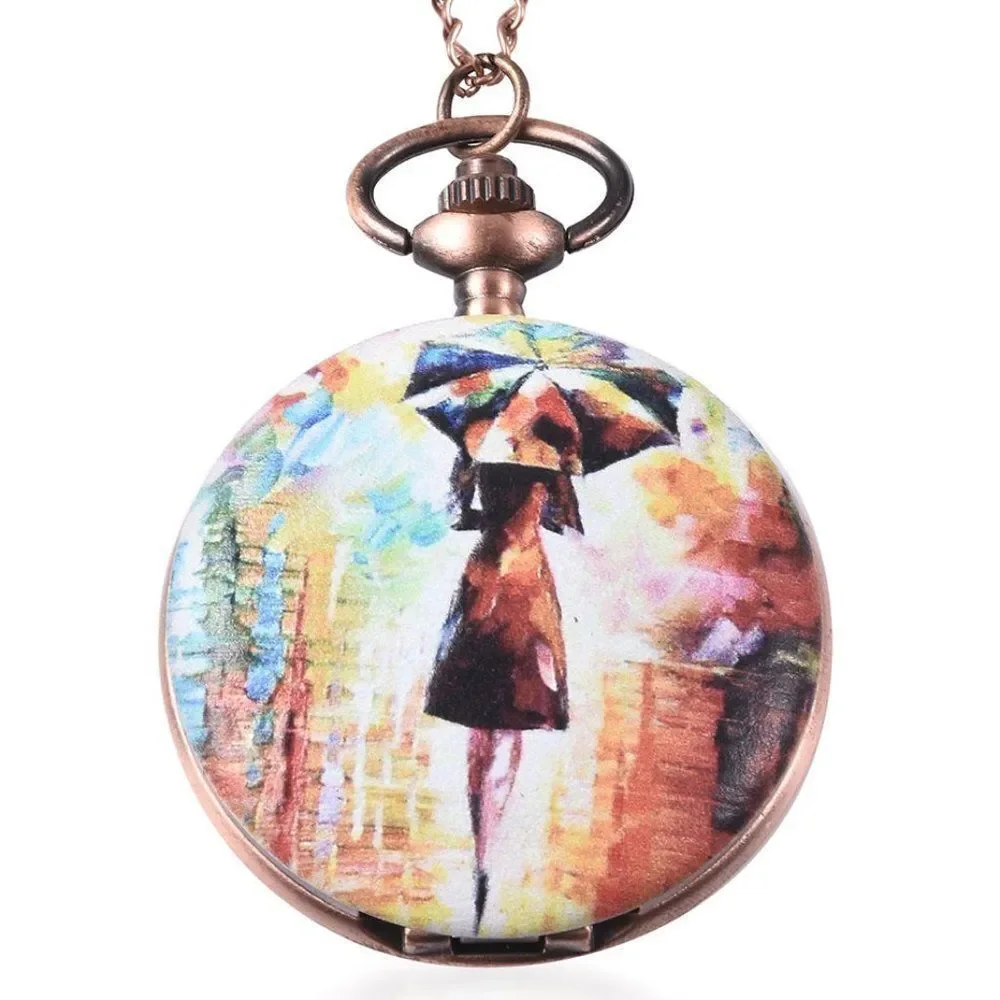 STRADA Girl Holding Umbrella Pattern Pocket Watch